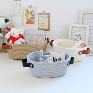 北欧风手工棉绳收纳框编织篮简约玄关置物篮杂物框家居收纳盒提手