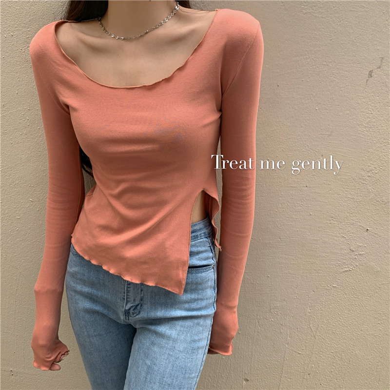 Real price elastic knitted bottoming shirt for women with thin appearance and long sleeve tight T-Shirt Top