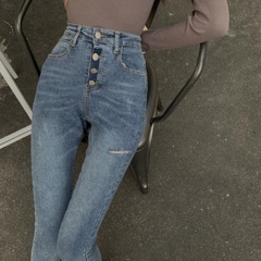 Real price high waist slim elastic one breasted Mini leg jeans Capris