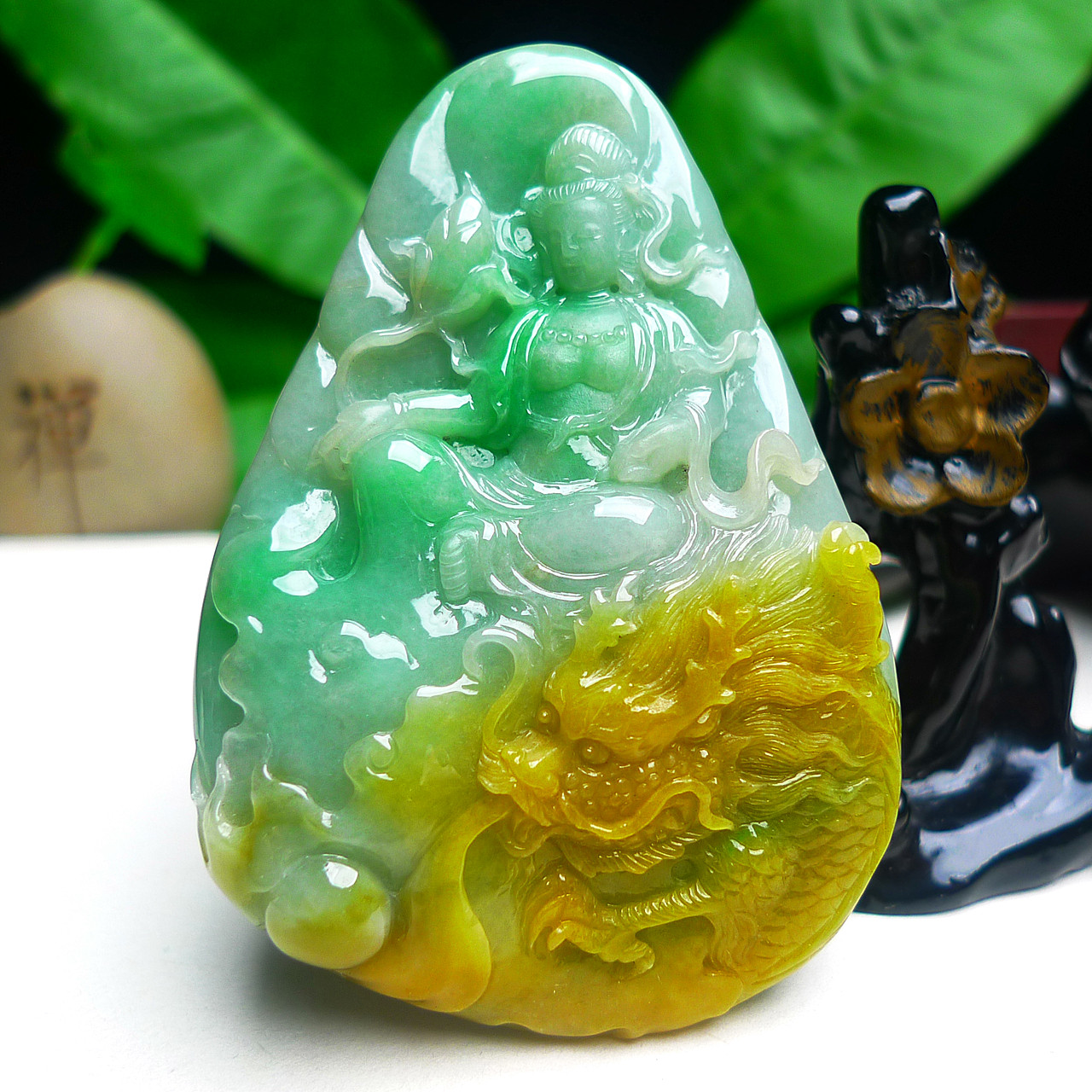 天然缅甸A货翡翠老坑冰润黄加绿双彩御龙观音吊坠玉挂件精雕有证