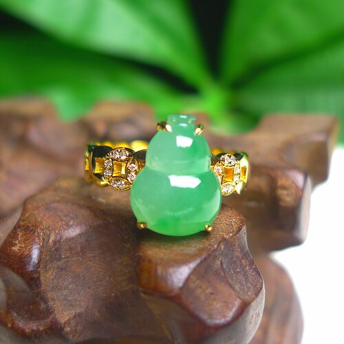 天然缅甸A货翡翠老坑18K金镶冰绿葫芦戒指玉戒指有证铜钱女款礼物