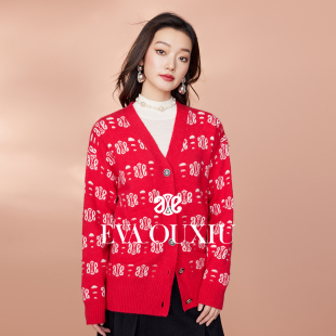 女软糯针织外套E35ZS0824 伊华欧秀miu系红毛衣开衫 限时直降