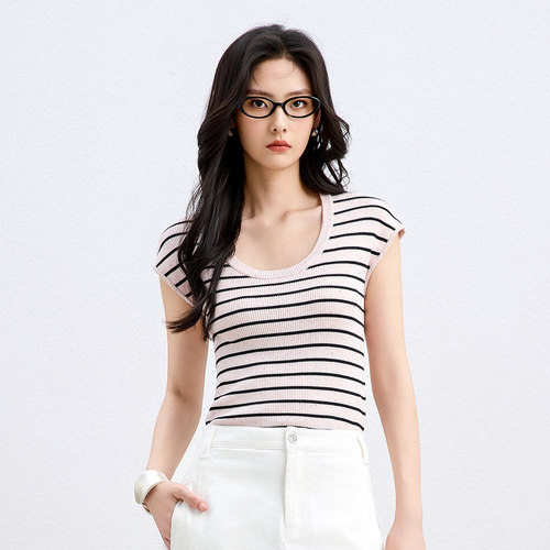 【限时直降】伊华欧秀条纹显瘦透气针织背心新圆领T恤52WZM6372