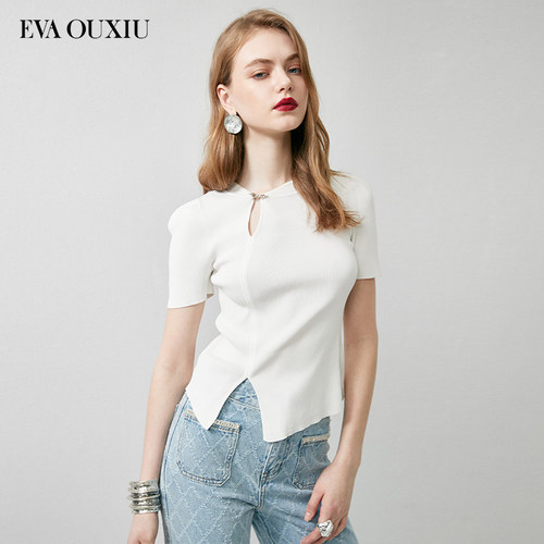 【限时直降】伊华欧秀纯色短袖新中式国风针织衫盘扣T恤42WZM4421