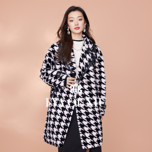 新皮草E35CS0940 伊华欧秀羊毛千鸟格大衣外套女冬季 限时直降