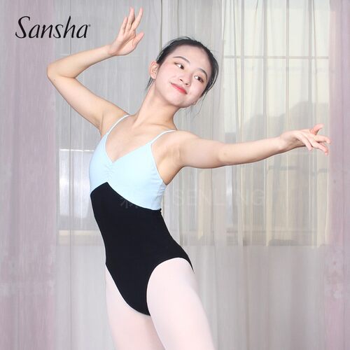 正品Sansha三沙成人芭蕾舞舞蹈艺考练功服高胯形体服中背吊带体服