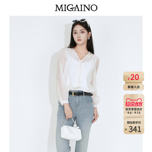 Migaino曼娅奴女装2026秋季新款优雅风薄款甜美蕾丝拼接白色衬衫