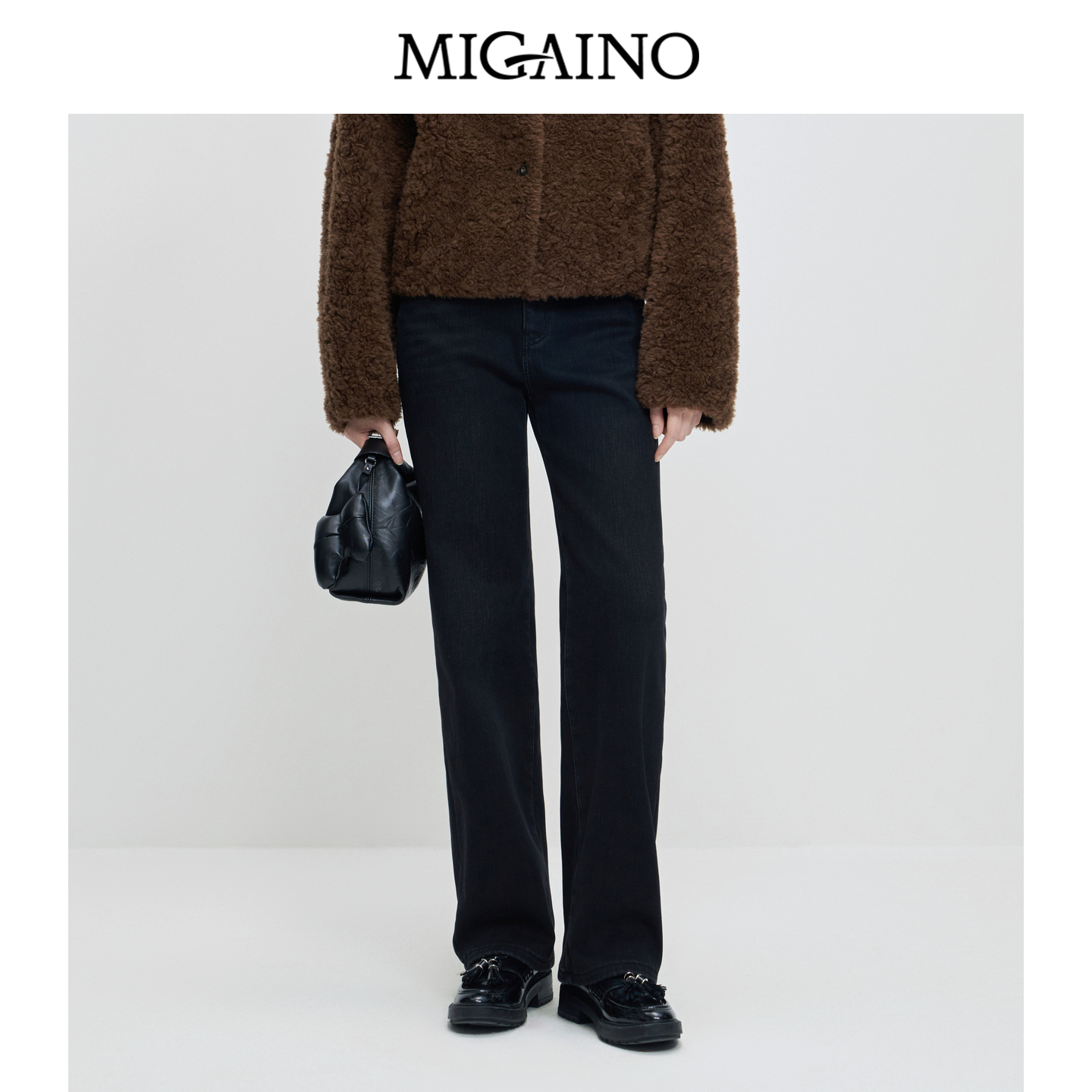 Migaino曼娅奴女装秋冬新款复古高腰显瘦黑色直筒牛仔裤MP42NC010