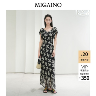 Migaino曼娅奴女装夏季新款设计感蝴蝶结印花收腰雪纺中长连衣裙