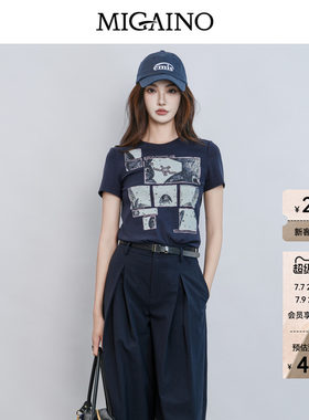 Migaino曼娅奴女装2026夏季新款时尚印花休闲正肩T恤MQ22RA010