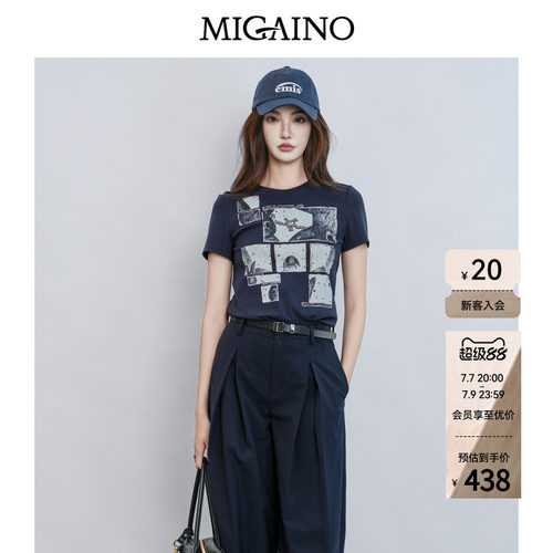 Migaino曼娅奴女装2026夏季新款时尚印花休闲正肩T恤MQ22RA010