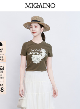 Migaino曼娅奴女装2026夏季新款圆领修身印花正肩T恤MQ22RA031