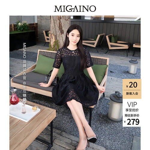 Migaino曼娅奴蕾丝连衣裙女夏季新款气质小个子收腰小黑裙