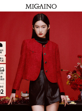 Migaino曼娅奴小香风外套女秋冬新款红色棉服精致上衣