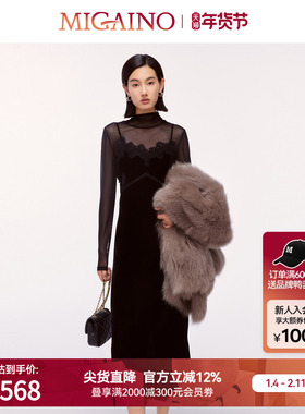Migaino曼娅奴女装冬季新款名媛风蕾丝优雅小黑裙MO42DD009