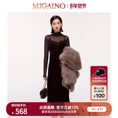 Migaino曼娅奴女装冬季新款名媛风蕾丝优雅小黑裙MO42DD009