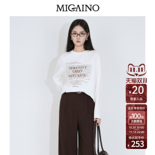 Migaino曼娅奴女装2026年秋季新款慵懒感圆领百搭字母印花长袖T恤