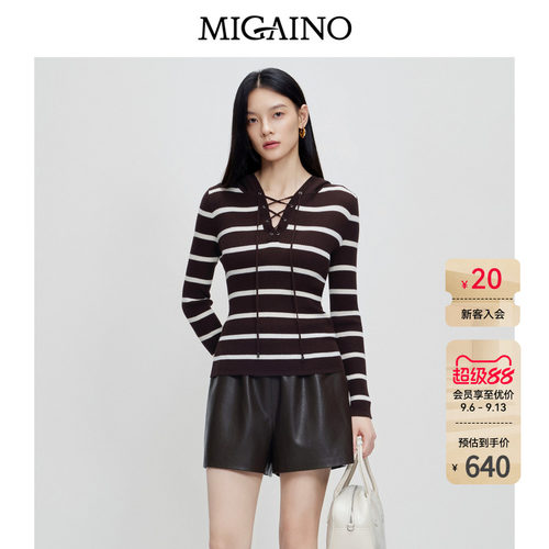 Migaino曼娅奴女装秋冬新款休闲减龄绑带连帽条纹针织衫MP42WH225