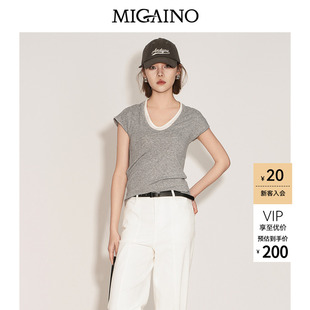 Migaino曼娅奴女装2026夏季新款设计感拼接假两件薄款短袖T恤