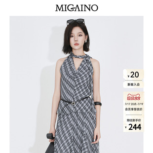 Migaino曼娅奴女装2026年早秋新款设计感时髦飘带无袖格子衬衫