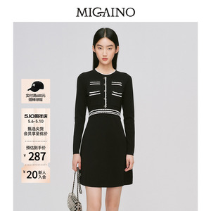Migaino曼娅奴女装秋季赫本风黑白色高级显瘦气质针织连衣裙