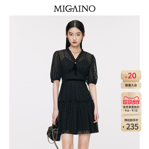 Migaino曼娅奴高级感连衣裙女夏季新款气质蕾丝收腰小黑裙