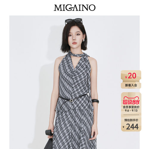 Migaino曼娅奴女装2026年秋季新款设计感时髦飘带无袖格子衬衫