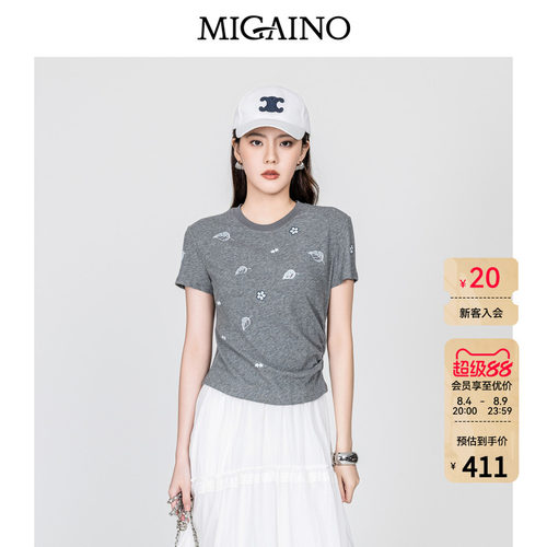 Migaino曼娅奴女装2026年早秋新款圆领正肩别致刺绣T恤MQ32RA001