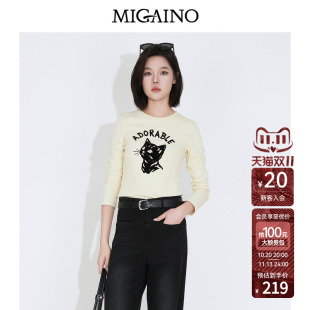 Migaino曼娅奴女装2026年秋季新款圆领卡通猫咪植绒印花长袖T恤