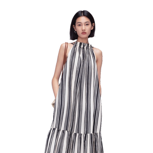 Migaino曼娅奴女装早秋款设计感竖条纹挂脖连衣裙MO32DE014