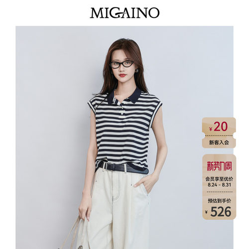 Migaino曼娅奴女装2026夏新款简约百搭海军风条纹针织衫MQ22KW223