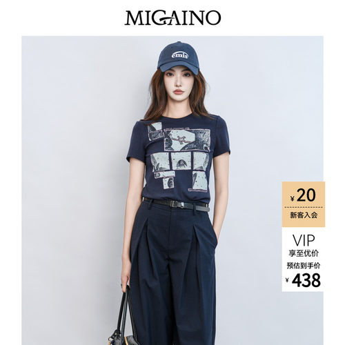 Migaino曼娅奴女装2026夏季新款时尚印花休闲正肩T恤MQ22RA010