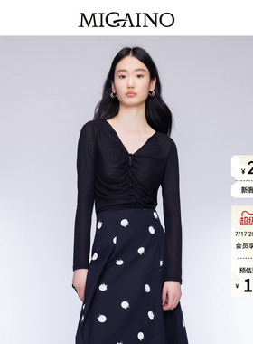 Migaino曼娅奴女装秋季新款V领设计感纯色长袖T恤MO32RC001