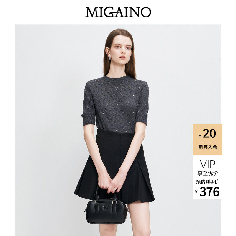 Migaino曼娅奴女装秋季新款时尚感圆领百搭贴钻短袖套头针织衫