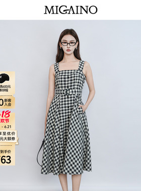 Migaino曼娅奴女装2026夏季新款黑白格收腰复古连衣裙MQ22DD063