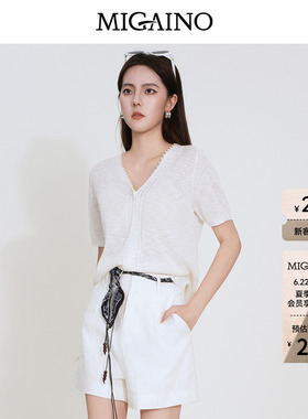 Migaino曼娅奴女装2026夏季新款设计感优雅风V领花边白色针织开衫