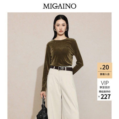 Migaino曼娅奴女装2026年秋季新款轻熟风丝绒蕾丝拼接长袖T恤