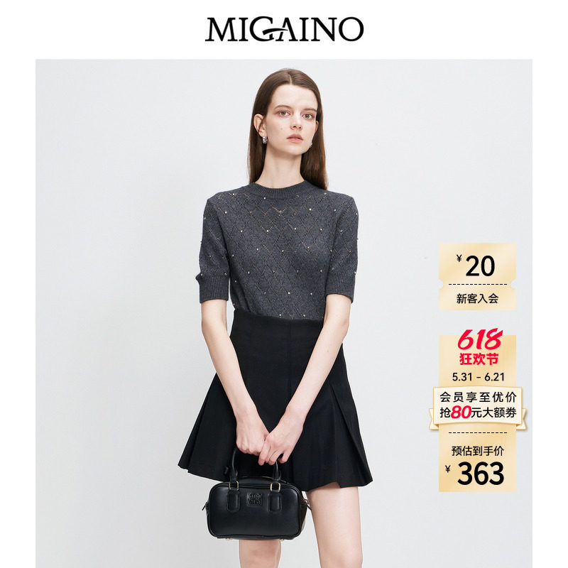 Migaino曼娅奴女装秋季新款时尚感圆领百搭贴钻短袖套头针织衫