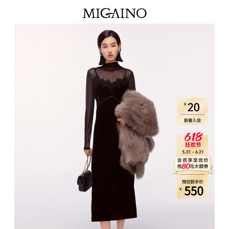 Migaino曼娅奴女装冬季新款名媛风蕾丝优雅小黑裙MO42DD009