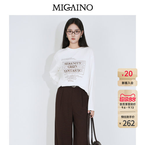 Migaino曼娅奴女装2026年秋季新款慵懒感圆领百搭字母印花长袖T恤