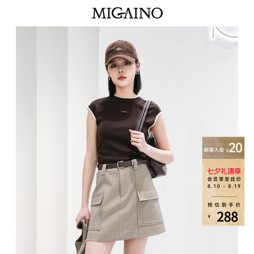 Migaino曼娅奴女装春季新款休闲风圆领拼接套头针织衫MQ12KW245
