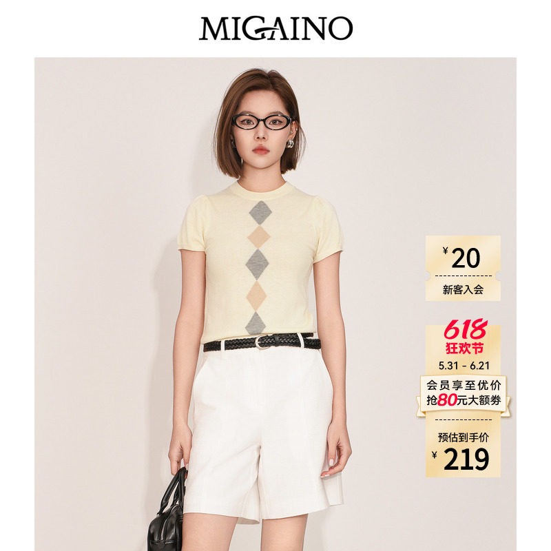 Migaino曼娅奴女装夏季新款圆领简约休闲复古风菱格套头针织衫