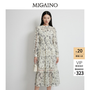 Migaino曼娅奴女装2026春季新款飘逸感小众别致碎花长袖连衣裙