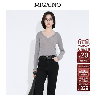Migaino曼娅奴女装2026年秋季新款休闲风V领灰色长袖套头针织衫