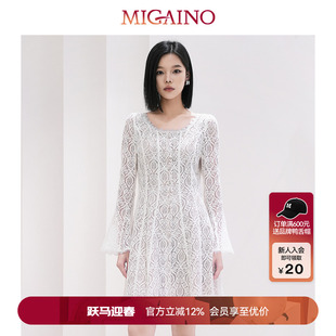 Migaino曼娅奴女装春季新款优雅轻奢高级感收腰蕾丝长袖连衣裙