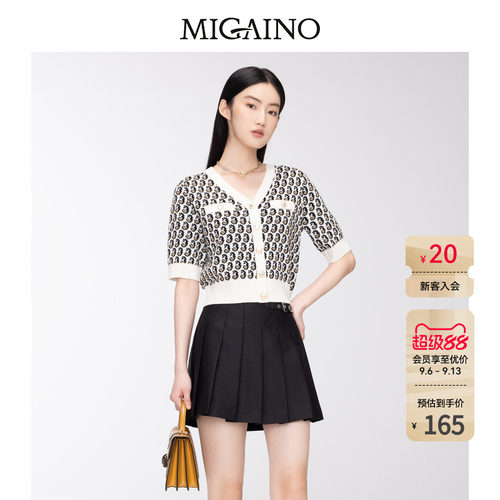 Migaino曼娅奴女装V领设计感独特提花短袖针织上衣