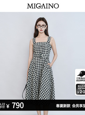 Migaino曼娅奴女装2026夏季新款黑白格收腰复古连衣裙MQ22DD063