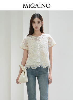 Migaino曼娅奴女装夏季新款甜美气质感钩花短袖衬衫MP22AE069