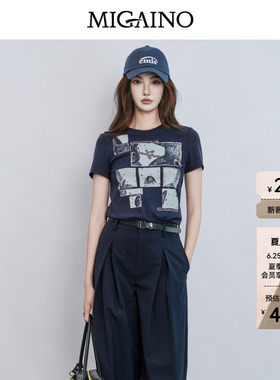 Migaino曼娅奴女装2026夏季新款时尚印花休闲正肩T恤MQ22RA010