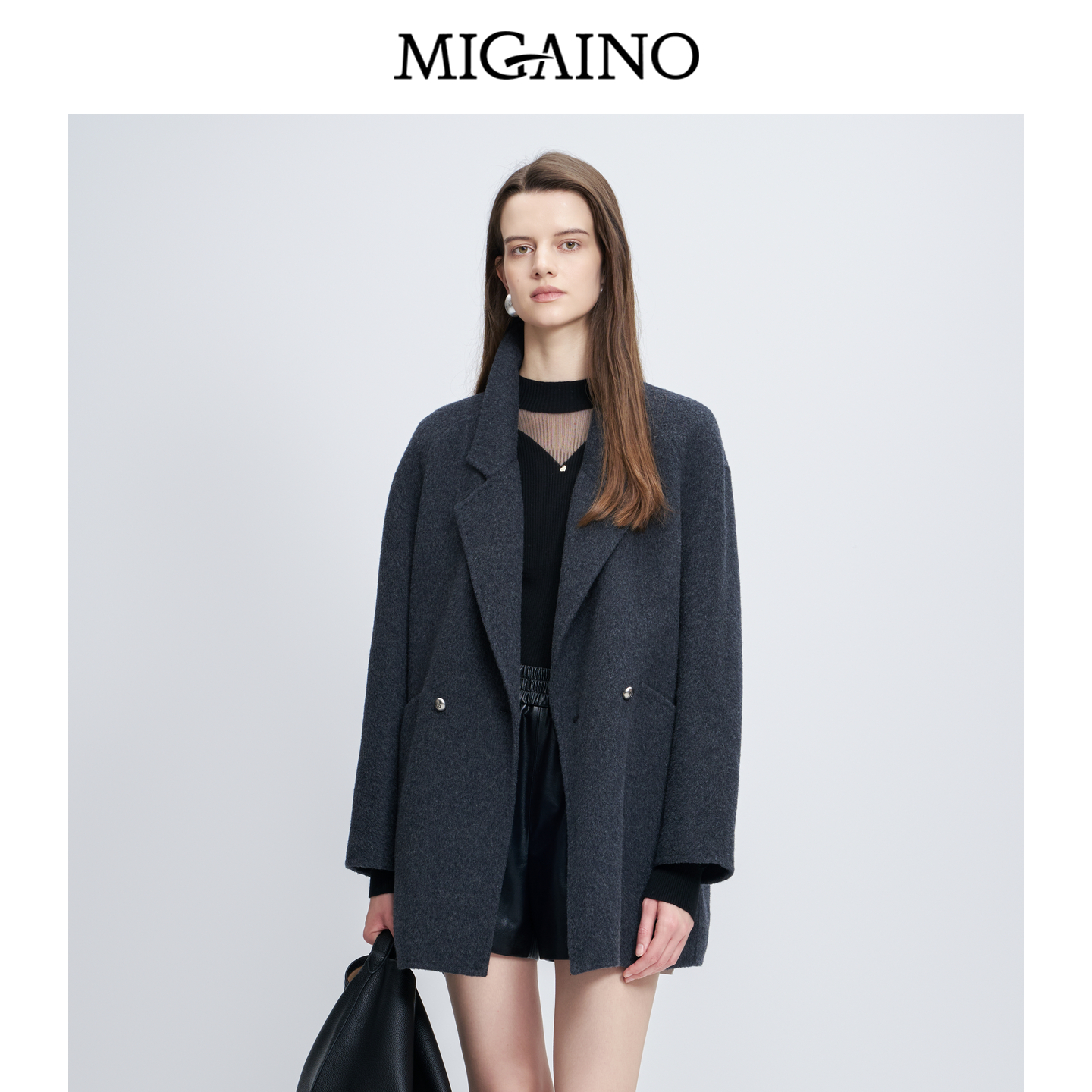 Migaino曼娅奴女装秋冬新款高级感西装领灰色毛呢外套MP42GB011